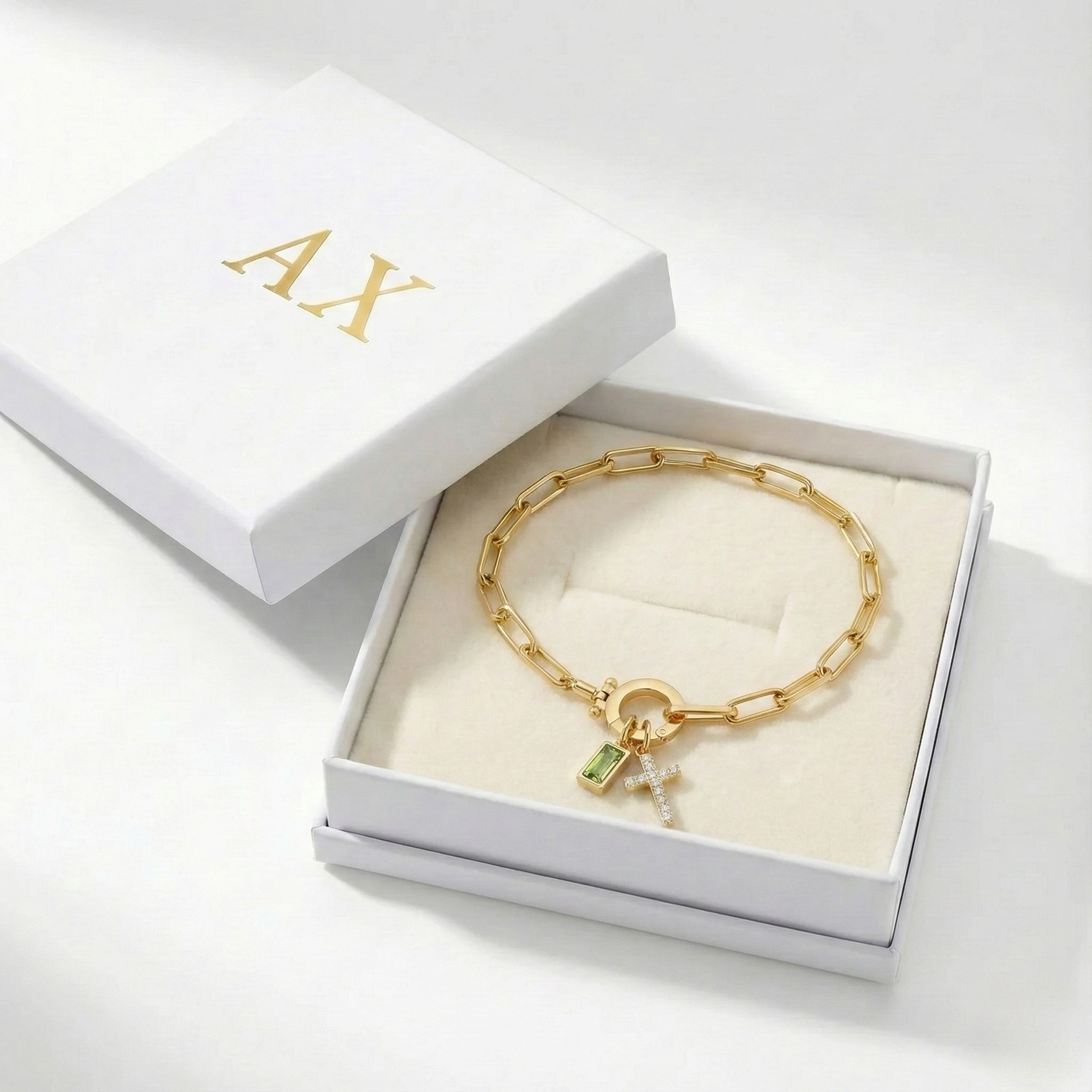 AX Paperclip Birthstone Cross Charm Bracelet