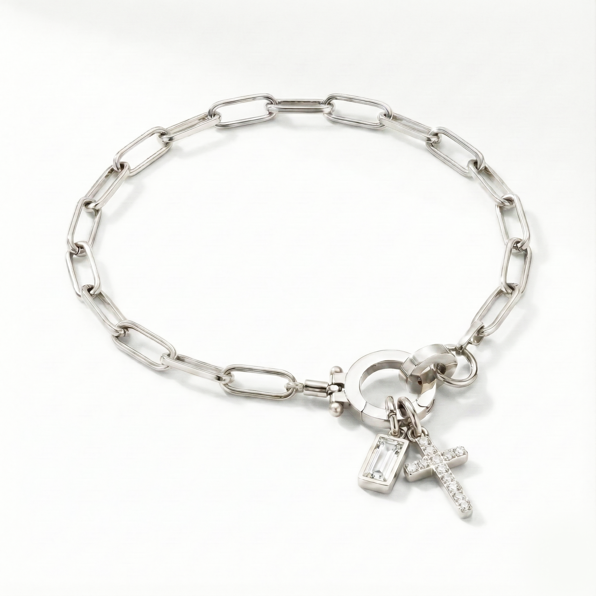 AX Paperclip Birthstone Cross Charm Bracelet