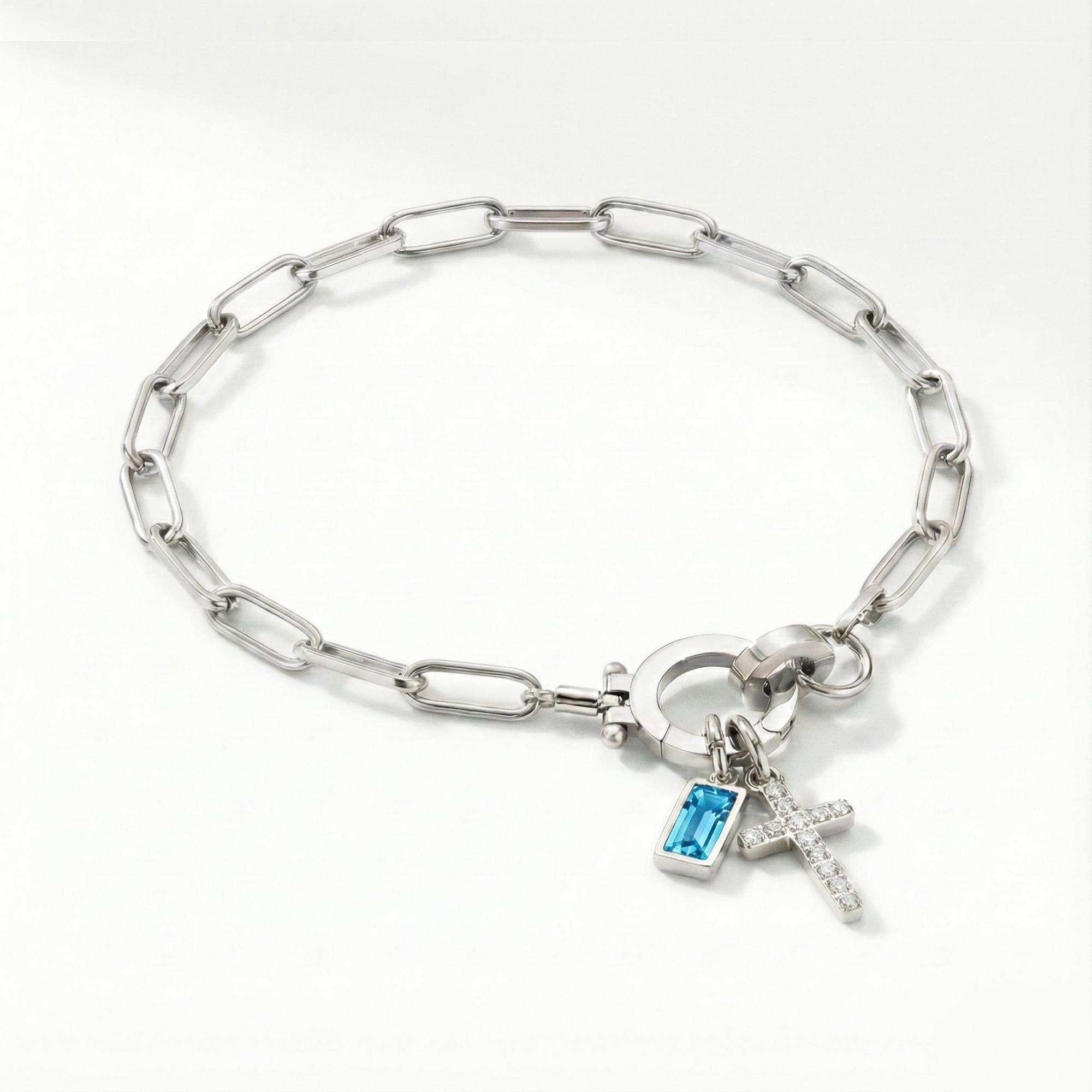 AX Paperclip Birthstone Cross Charm Bracelet