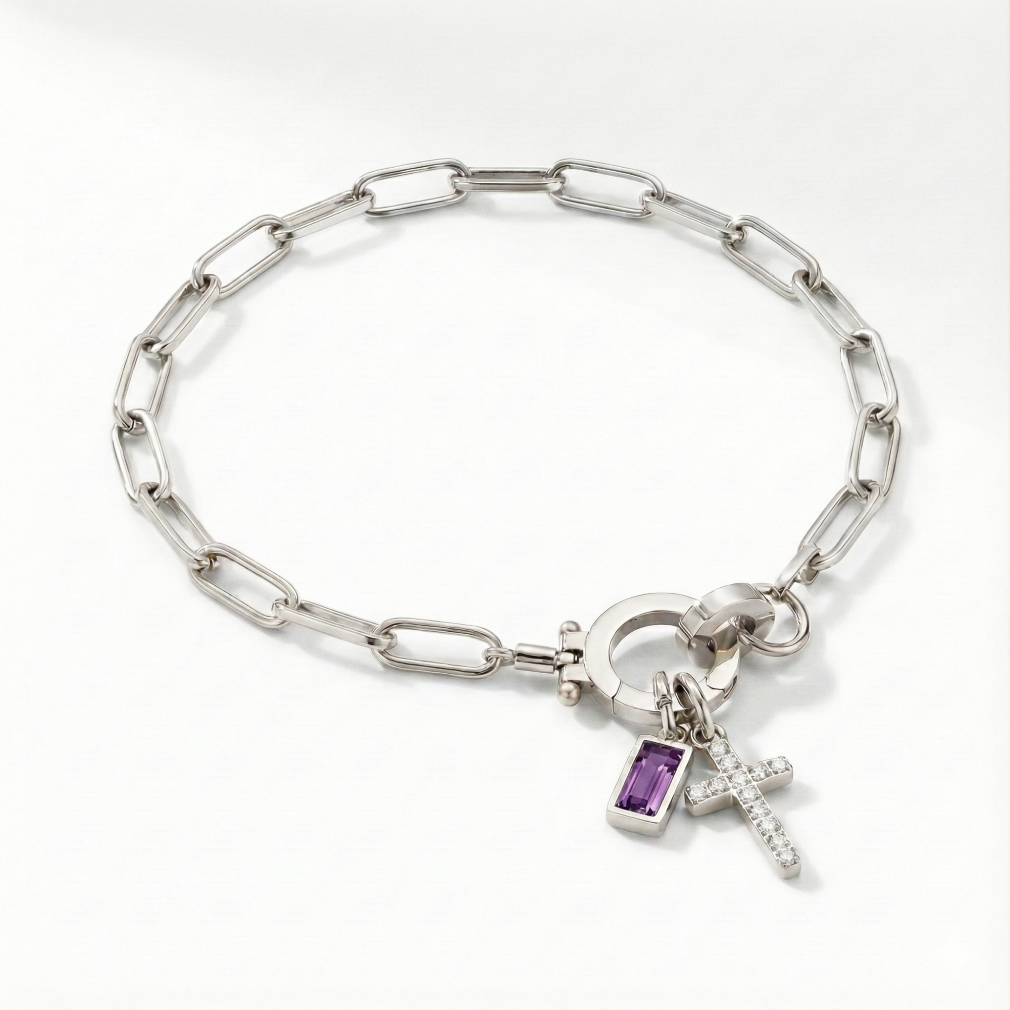 AX Paperclip Birthstone Cross Charm Bracelet