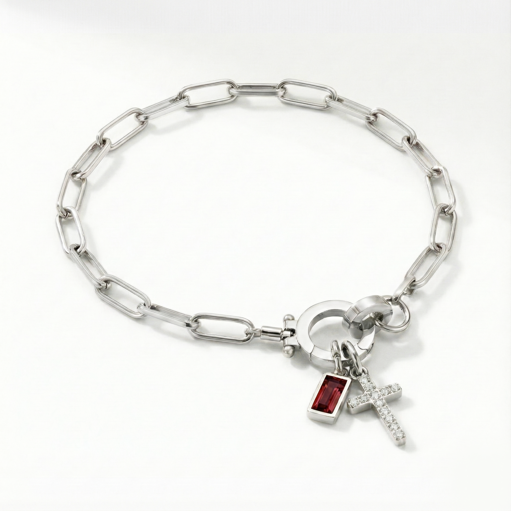 AX Paperclip Birthstone Cross Charm Bracelet