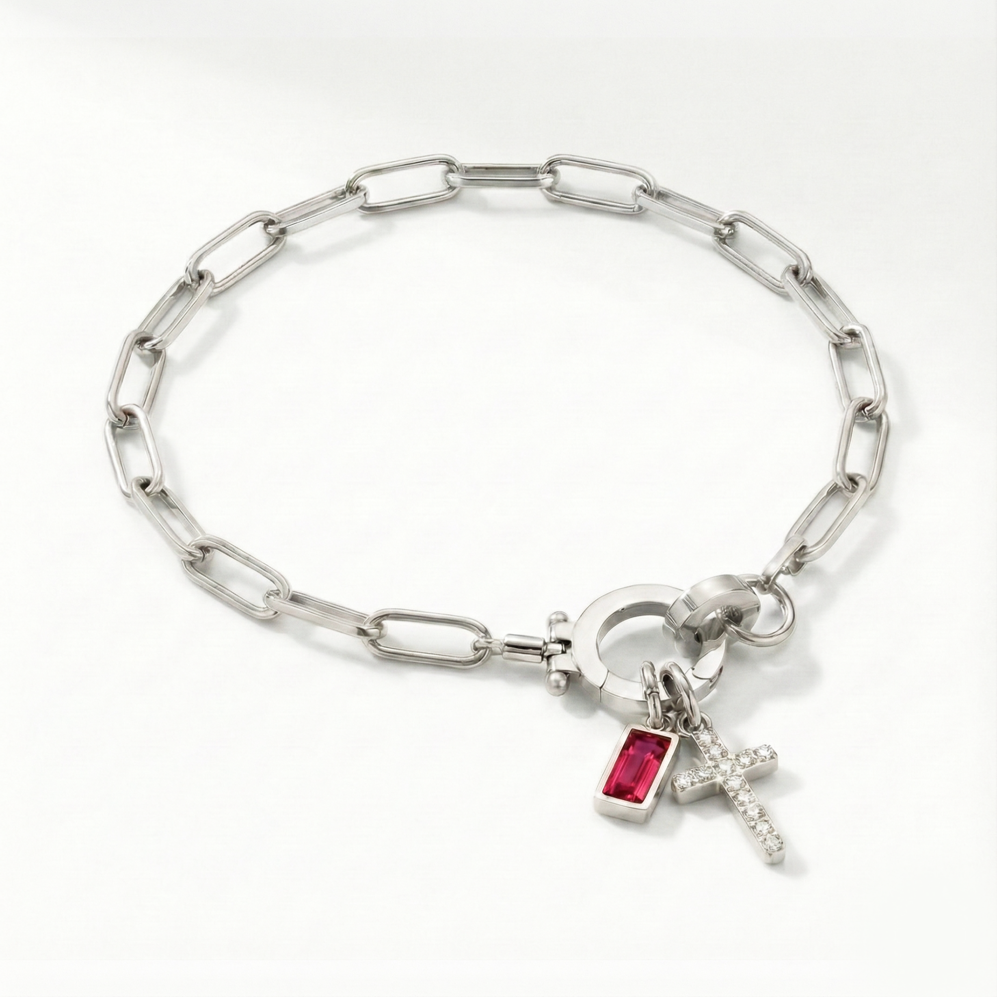 AX Paperclip Birthstone Cross Charm Bracelet