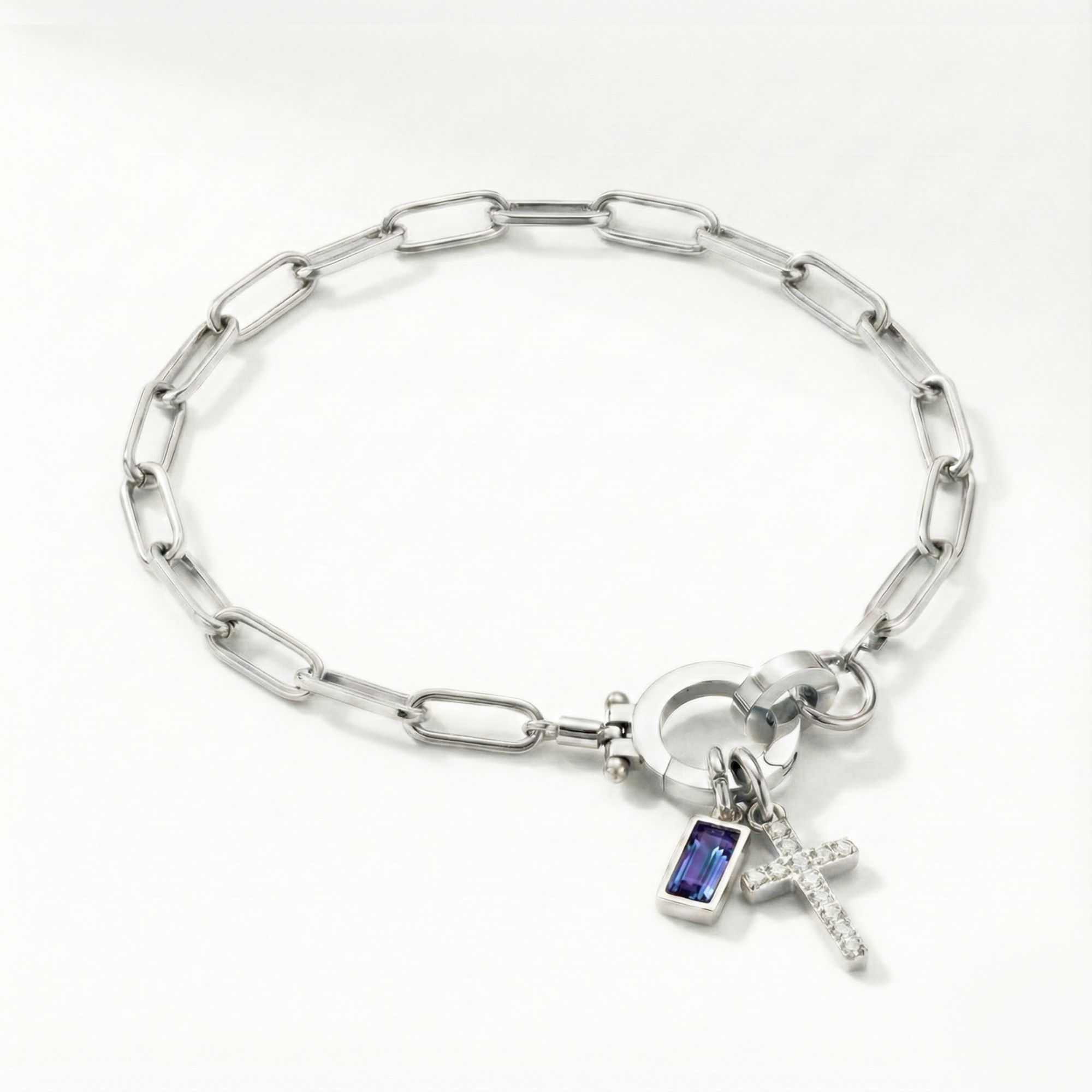AX Paperclip Birthstone Cross Charm Bracelet