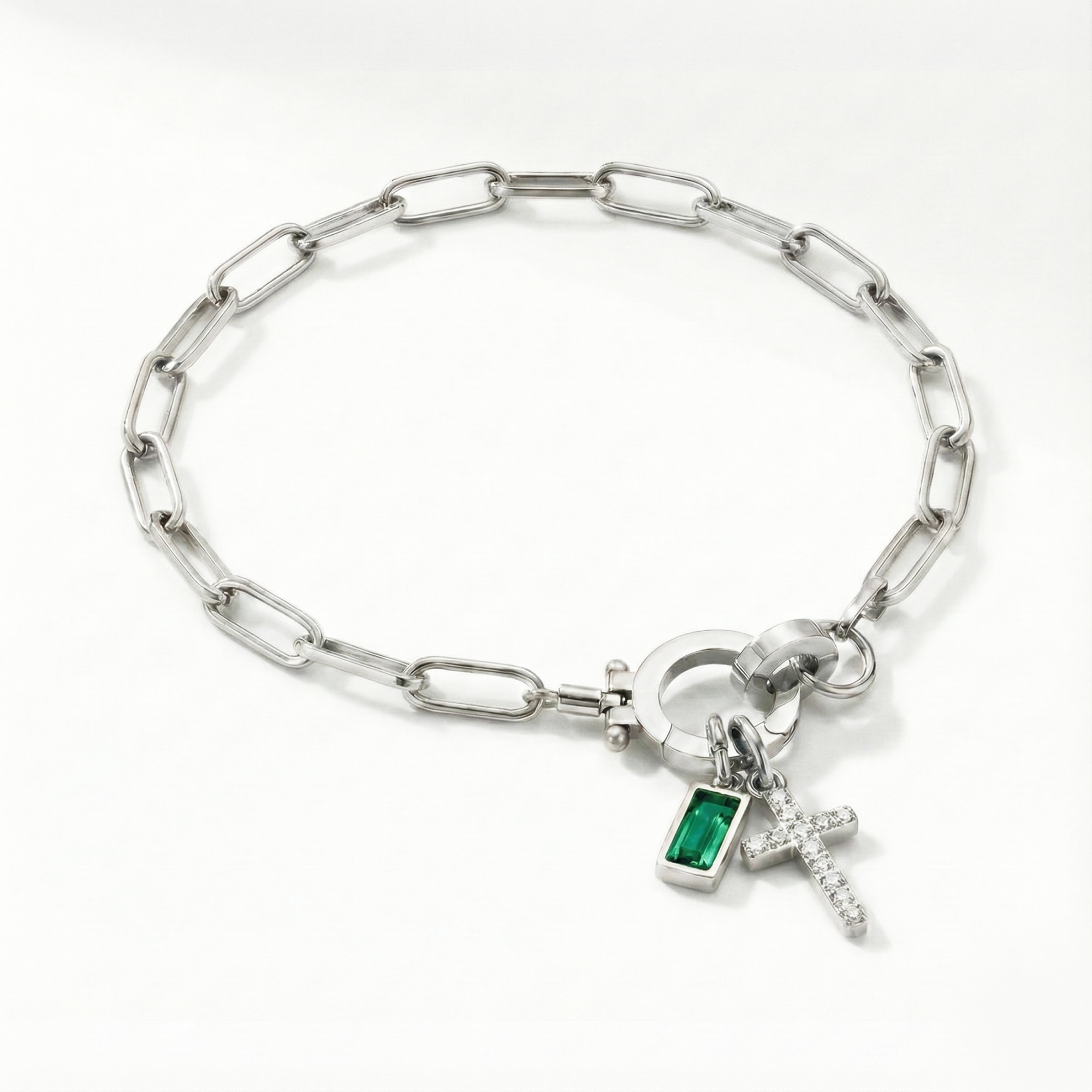 AX Paperclip Birthstone Cross Charm Bracelet