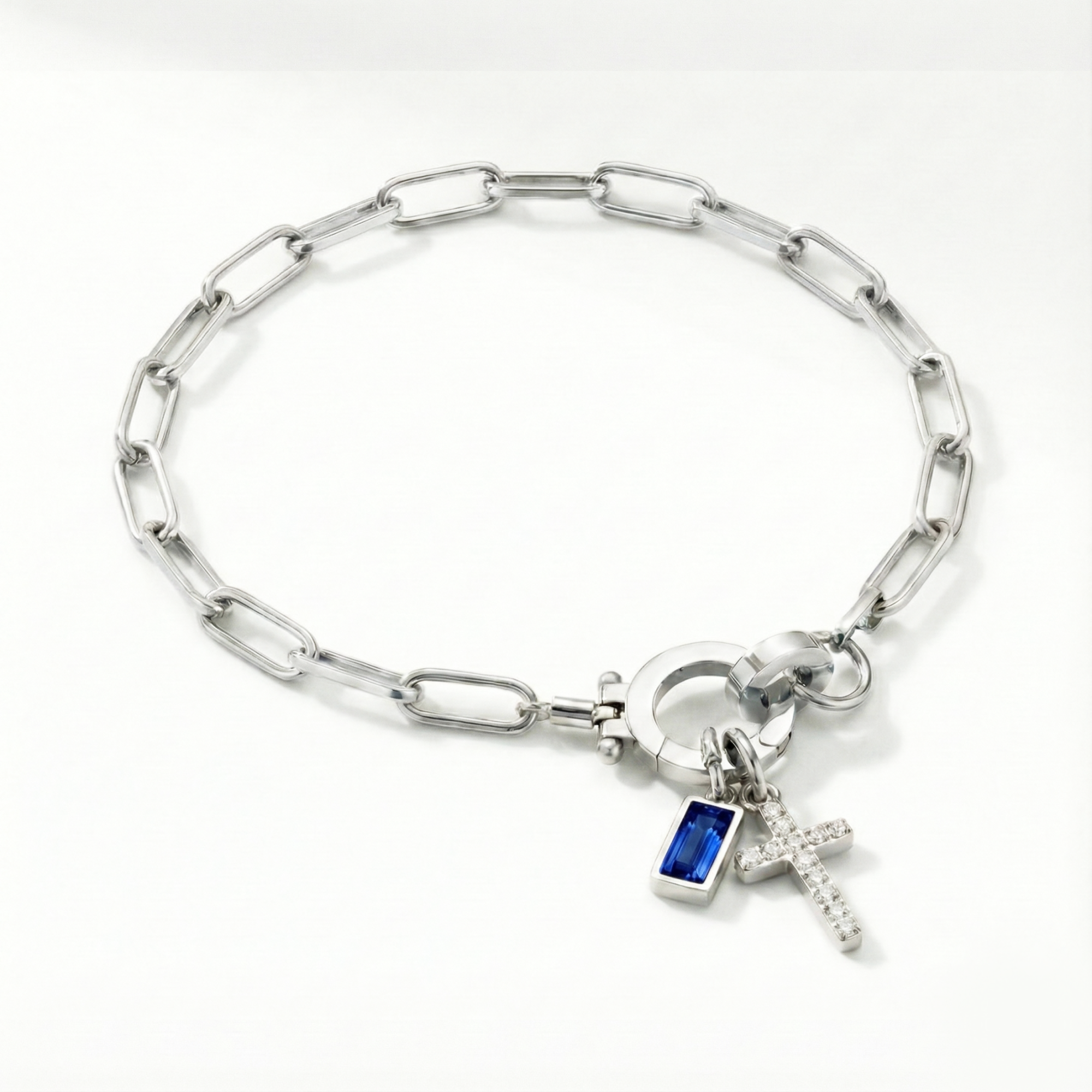 AX Paperclip Birthstone Cross Charm Bracelet